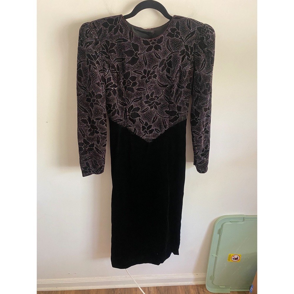 Vintage 80s Black Velvet Glitter Floral Open Back Cocktail Dress Womens Size 5-6